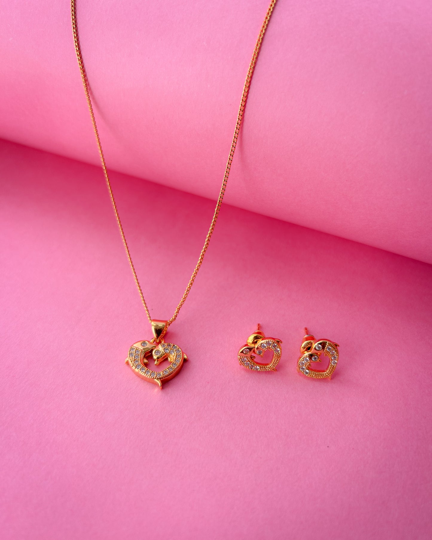 Gold Plated Heart Pendant Necklace and Earrings Set for Women