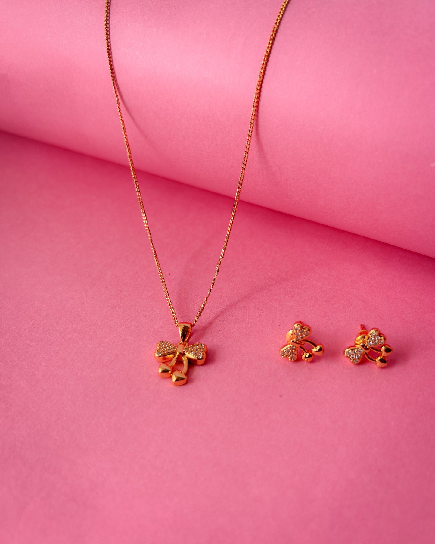 Gold Plated Bow Pendant Necklace and Earrings Set for Women