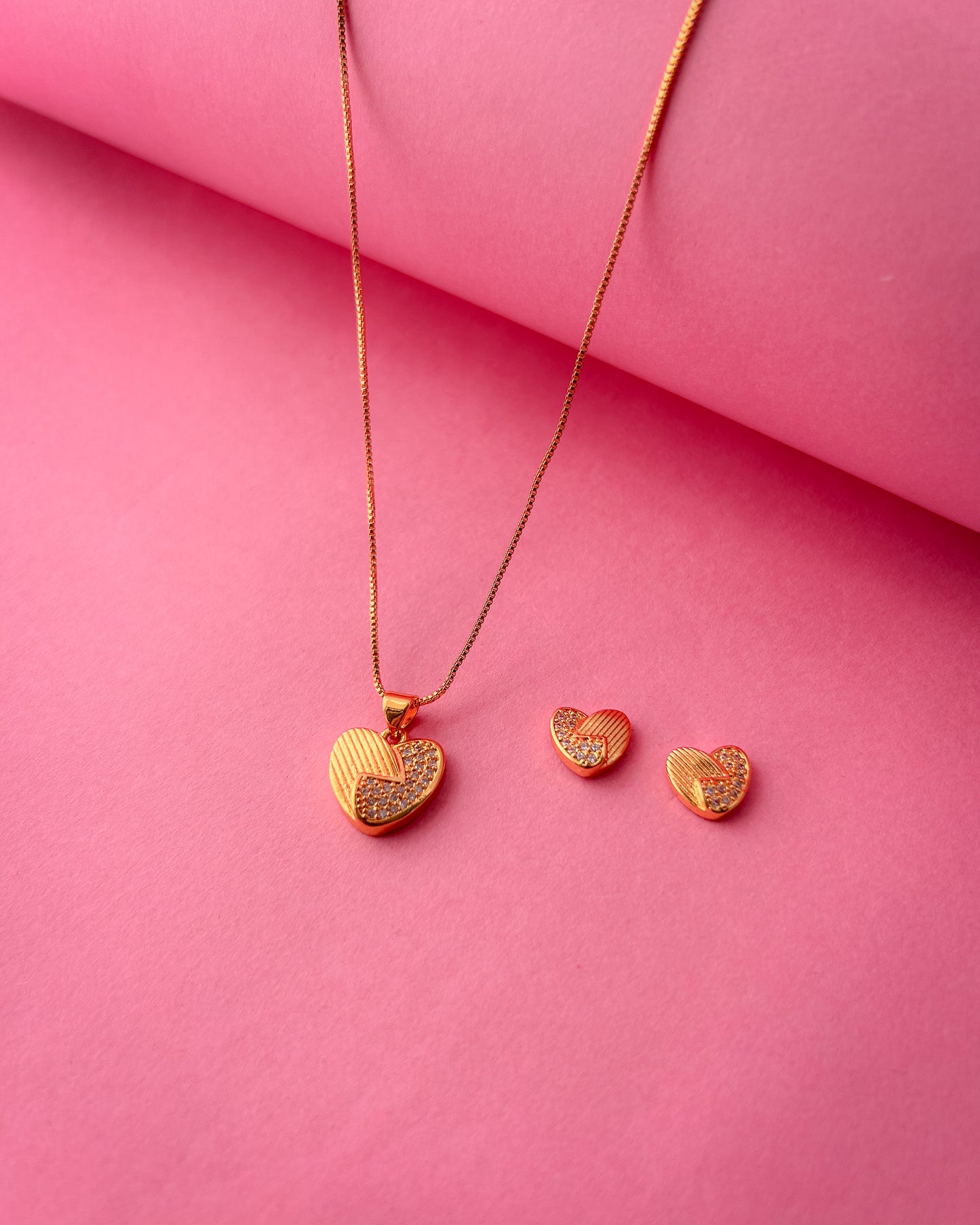 Gold Plated Heart Pendant Necklace and Earrings Set for Women