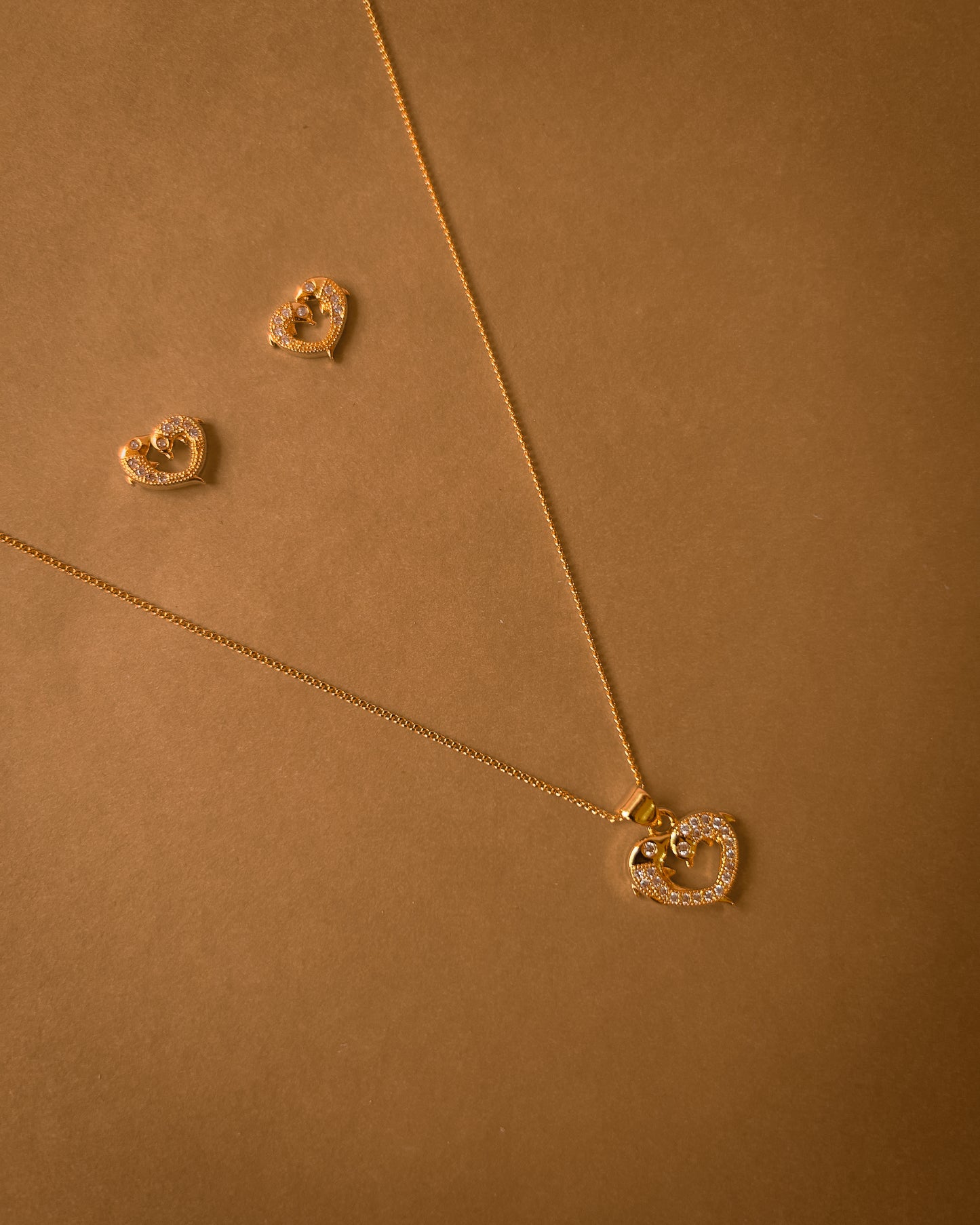Gold Plated Heart Pendant Necklace and Earrings Set for Women