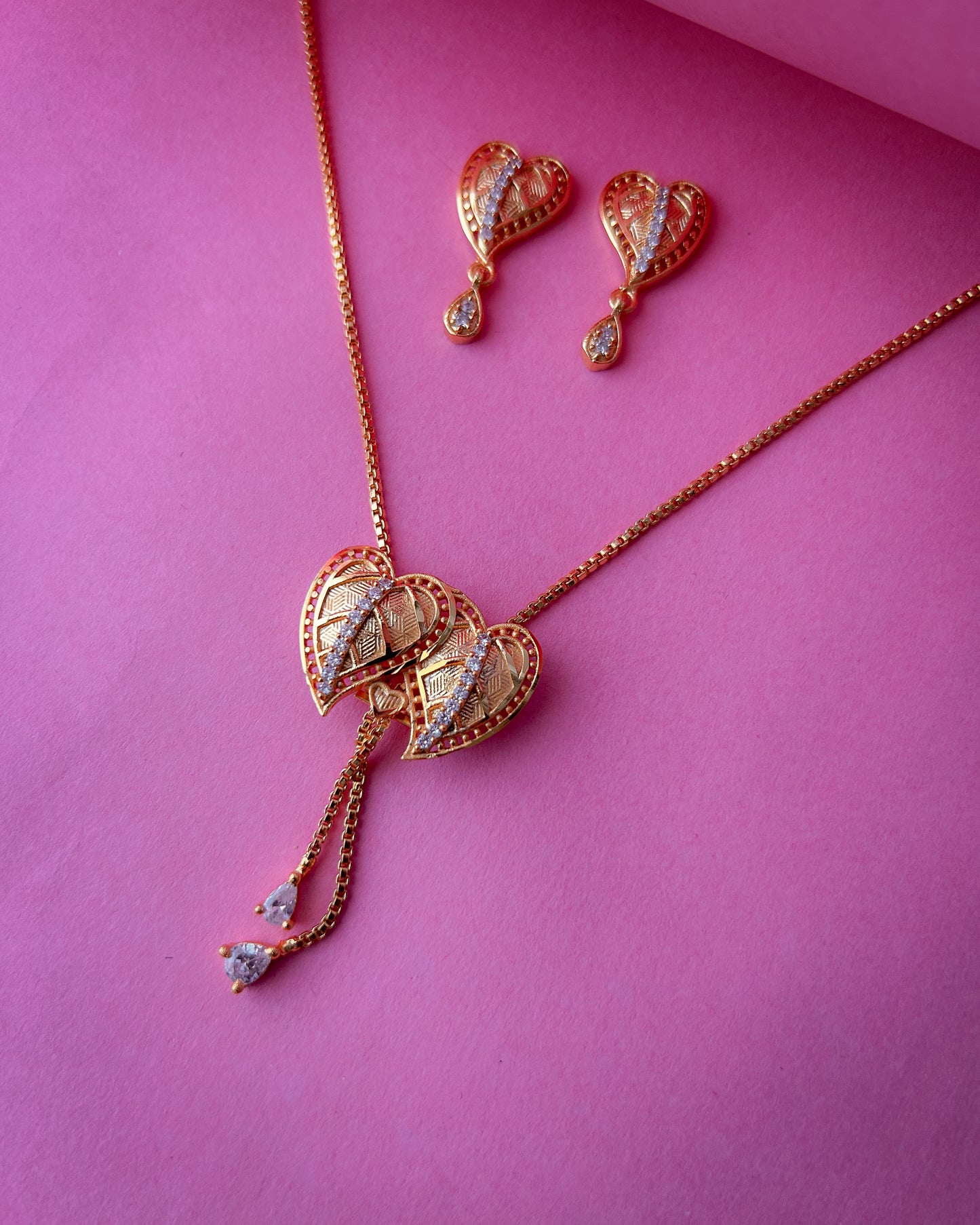 Antique Gold Heart Pendant Set with Dangling Charms
