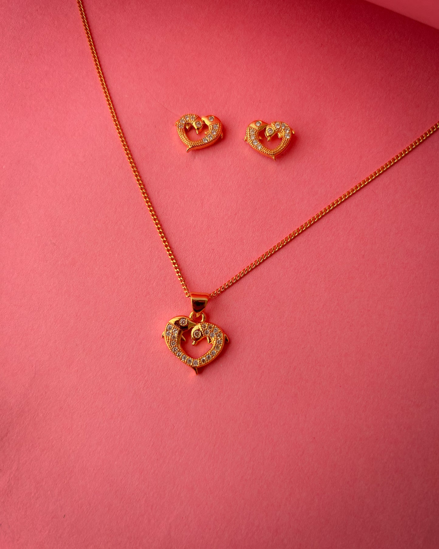 Gold Plated Heart Pendant Necklace and Earrings Set for Women