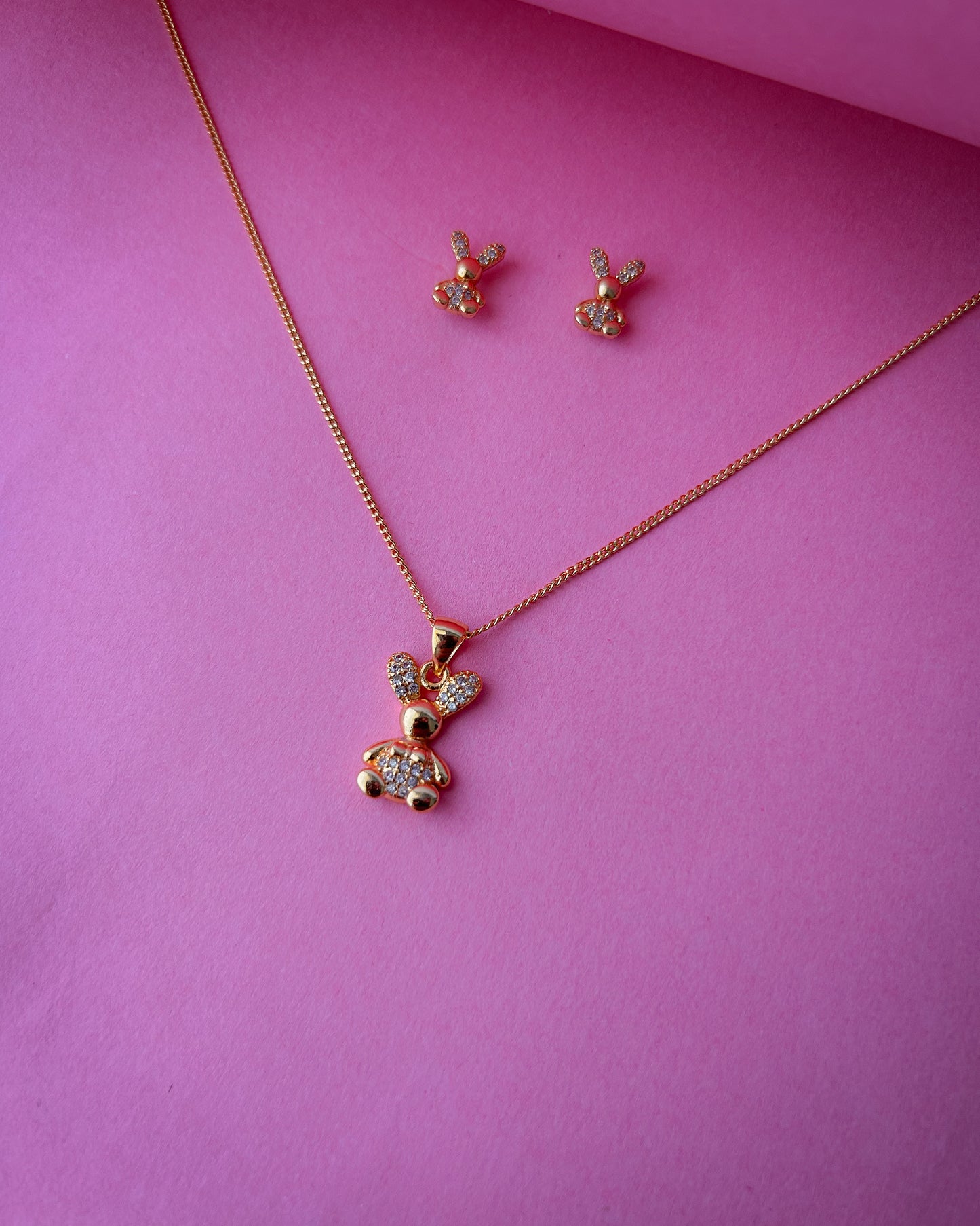 Gold Plated Bunny Pendant Necklace and Earrings Set for Women and Girls