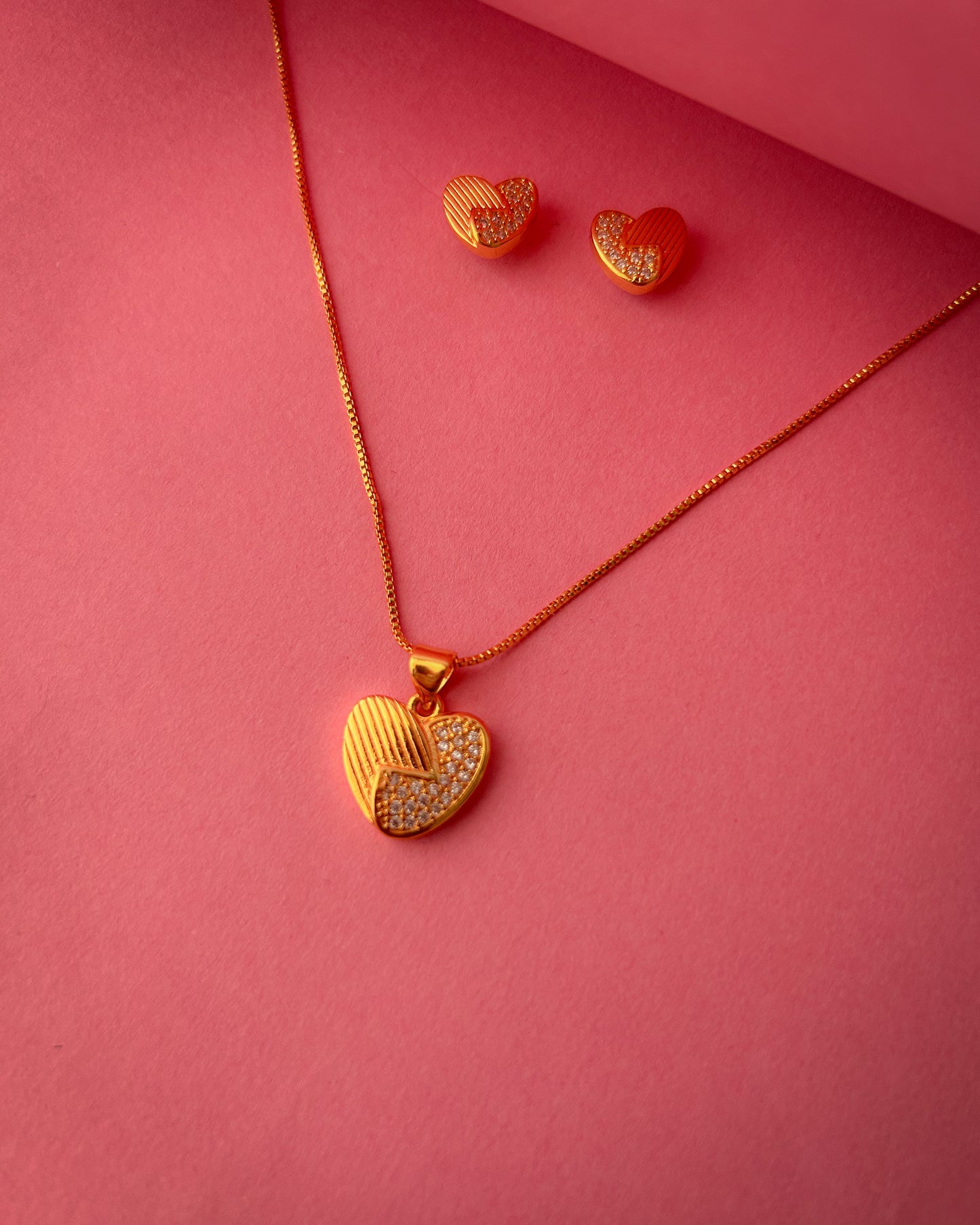 Gold Plated Heart Pendant Necklace and Earrings Set for Women