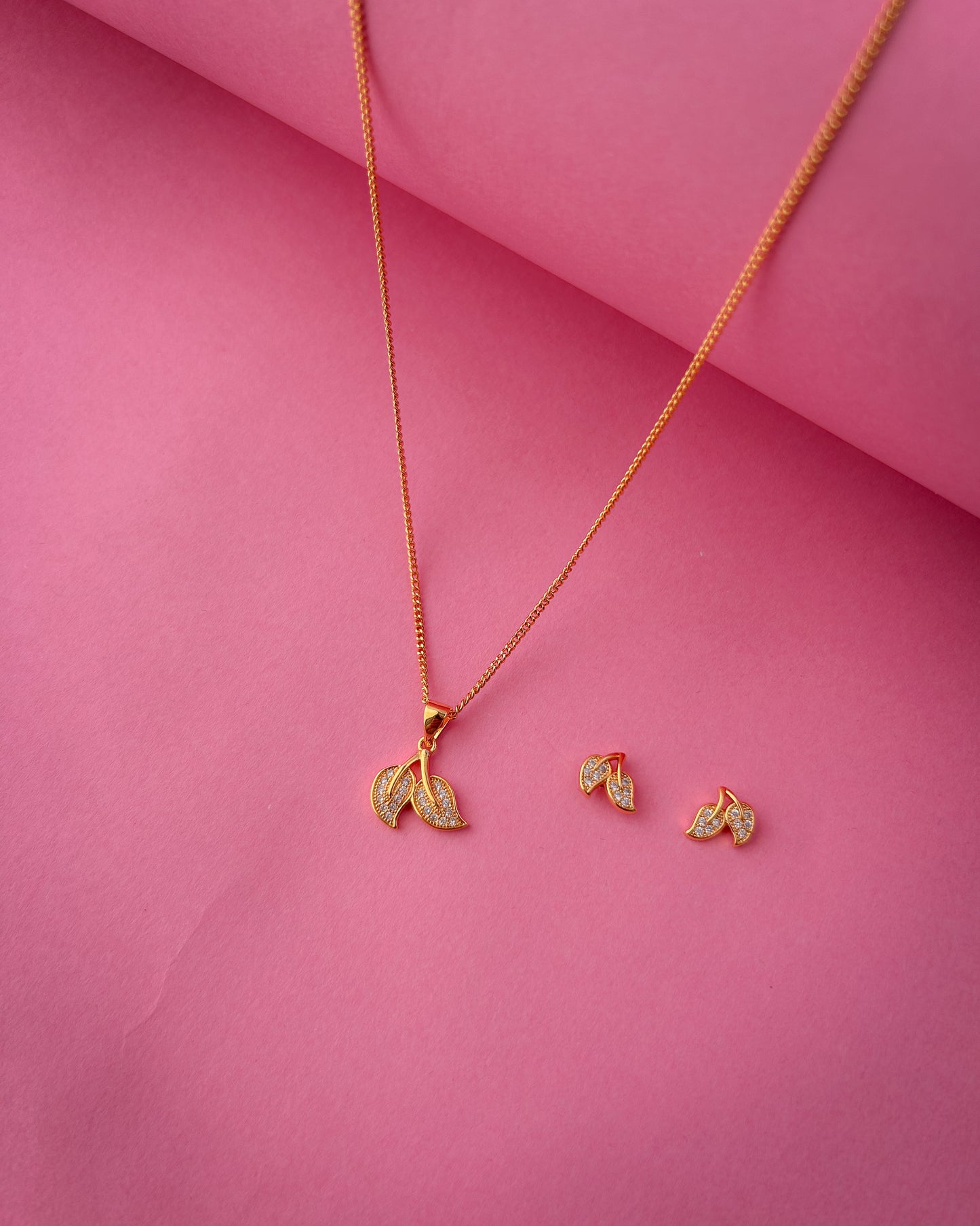 Gold Plated Leaf Pendant Necklace and Earrings Set for Women