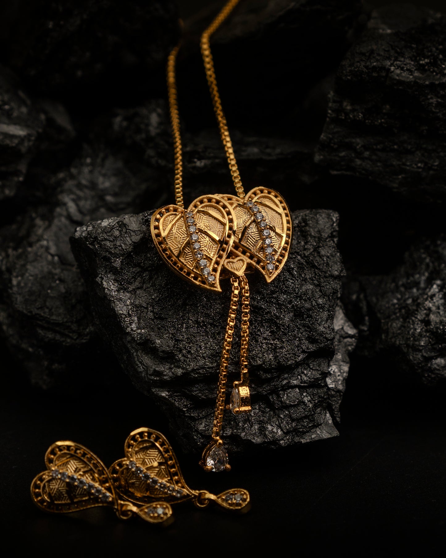 Antique Gold Heart Pendant Set with Dangling Charms