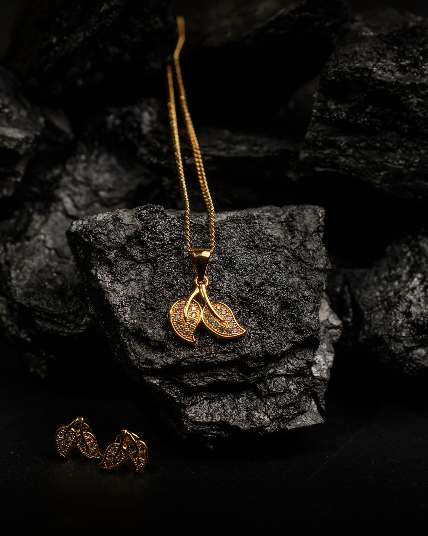 Gold Plated Leaf Pendant Necklace and Earrings Set for Women