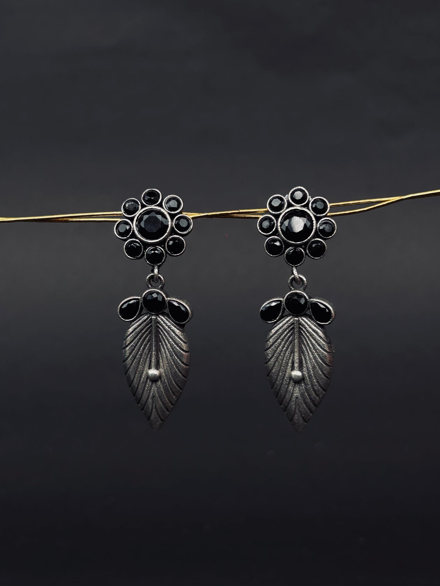 Oxidized Silver Plated Black Stone Floral Leaf Dangler Earrings