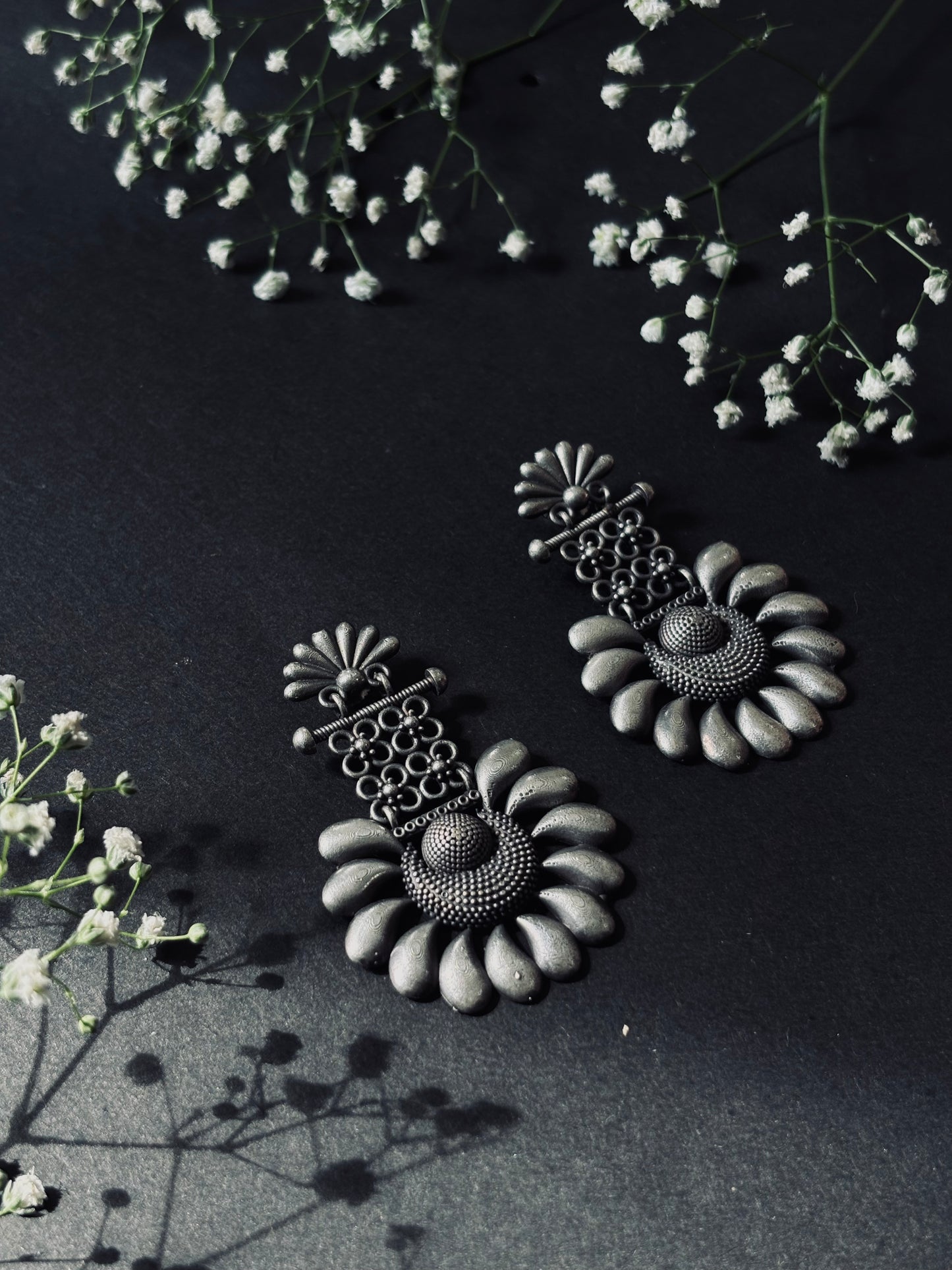 Flora Silver Plated Oxidized Drops Earrings