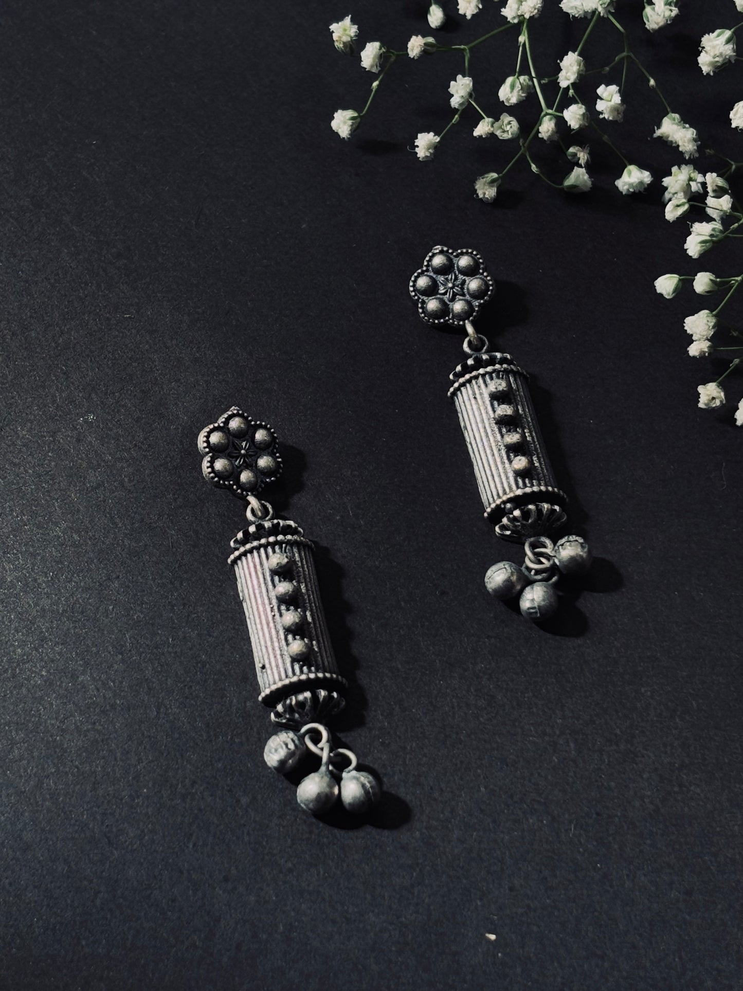 Cylindrical Silver Look Alike Oxidized Dangler Earrings