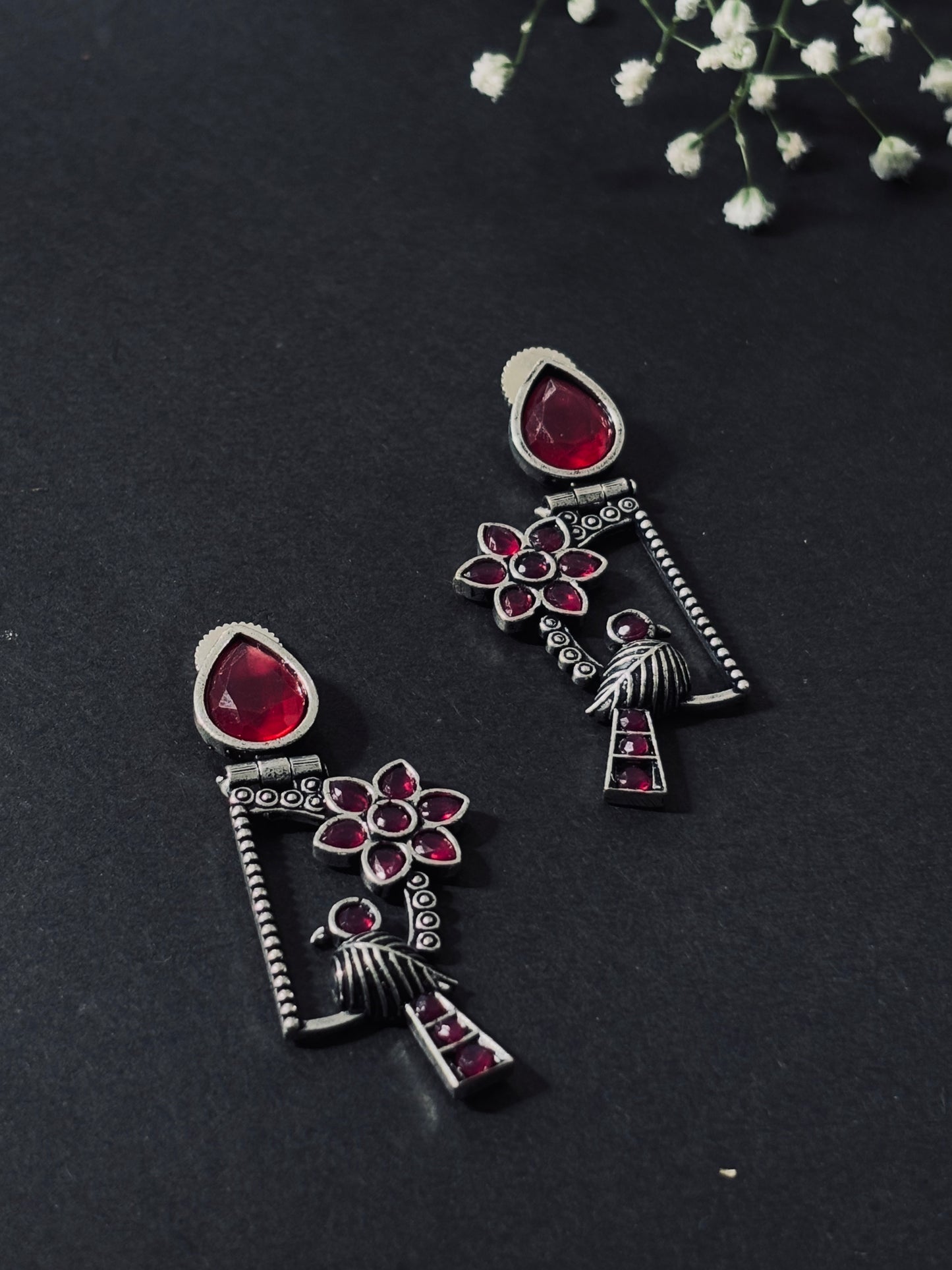 Antique Bird With Red Stone Oxidized Earrings