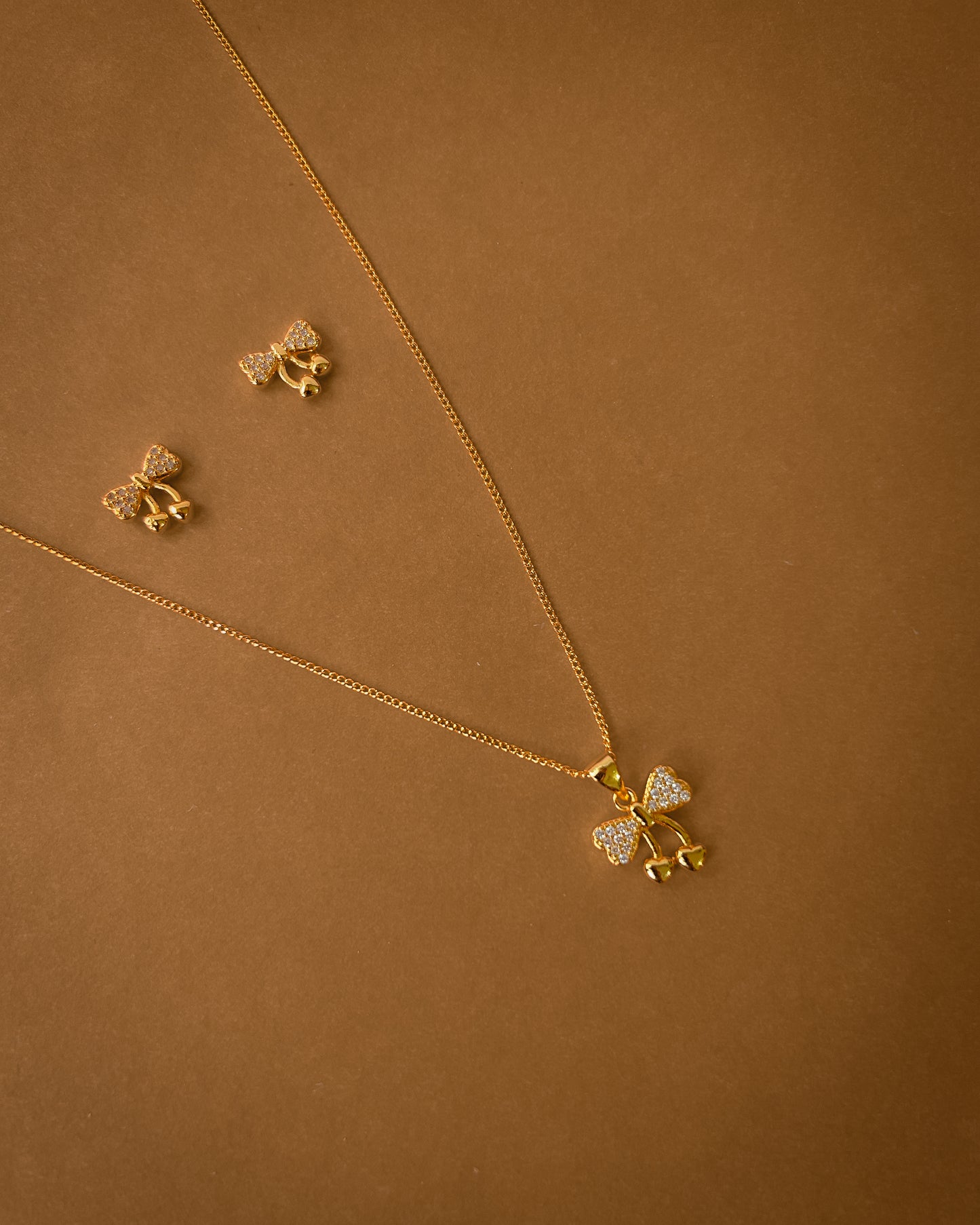 Gold Plated Bow Pendant Necklace and Earrings Set for Women