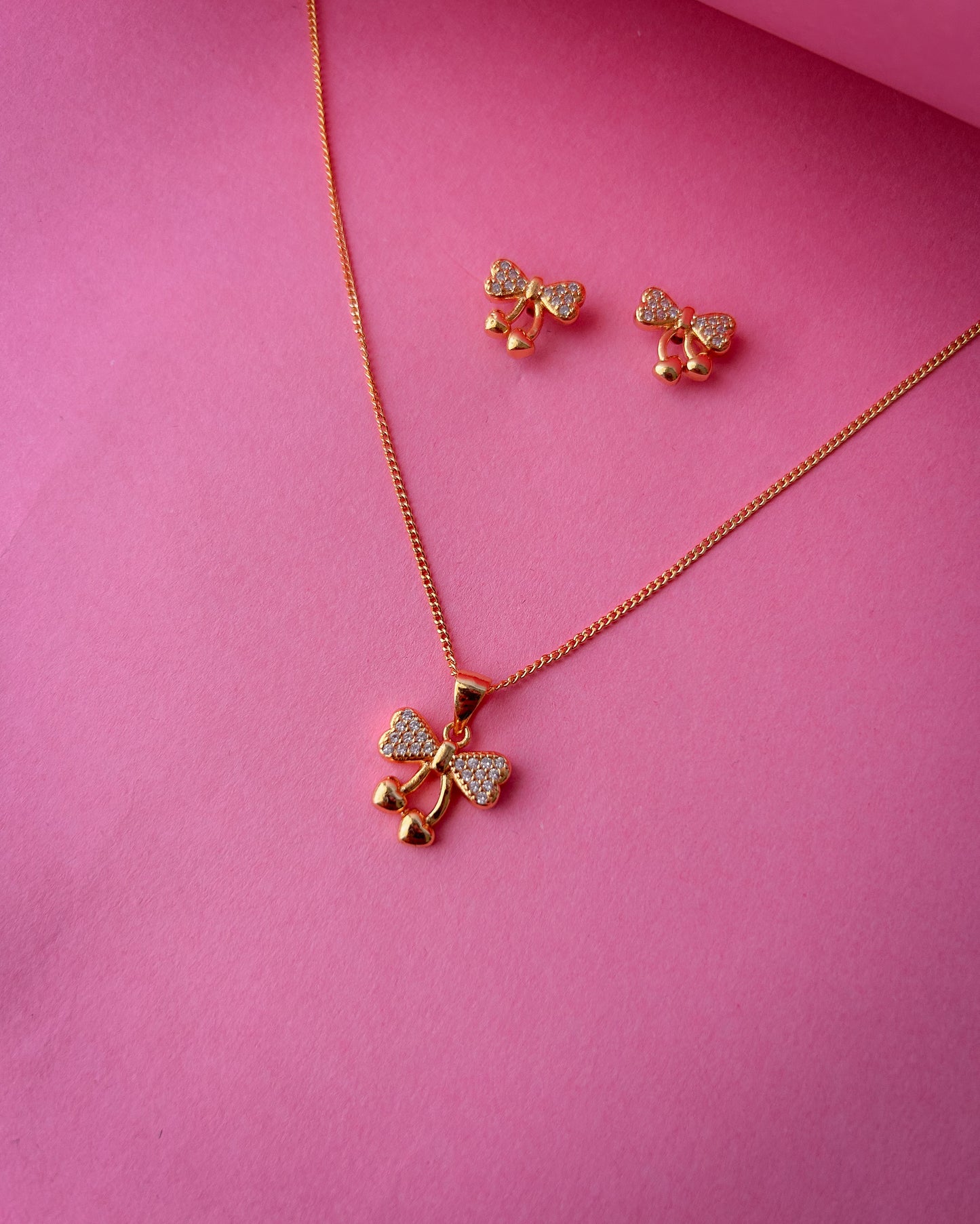 Gold Plated Bow Pendant Necklace and Earrings Set for Women