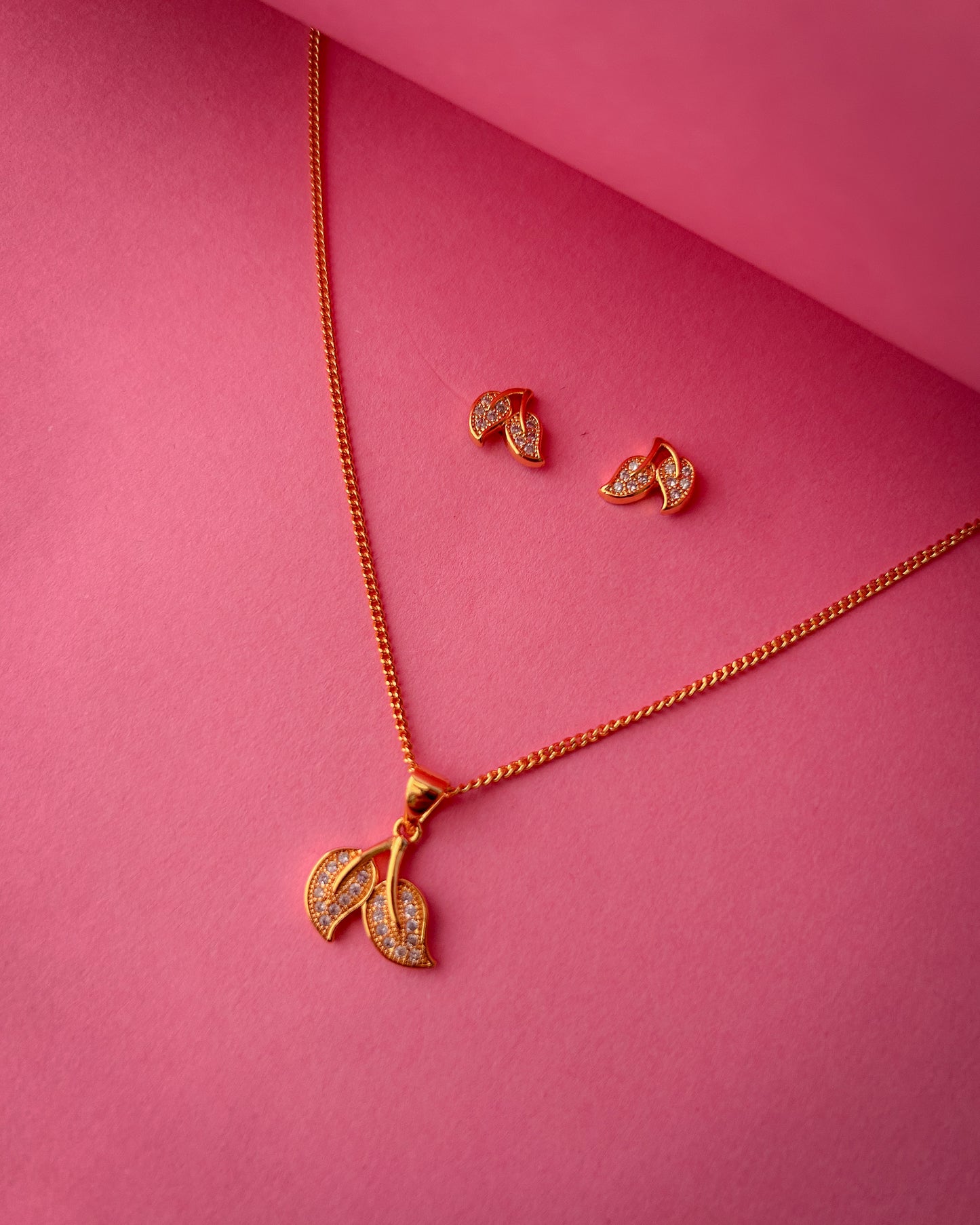 Gold Plated Leaf Pendant Necklace and Earrings Set for Women