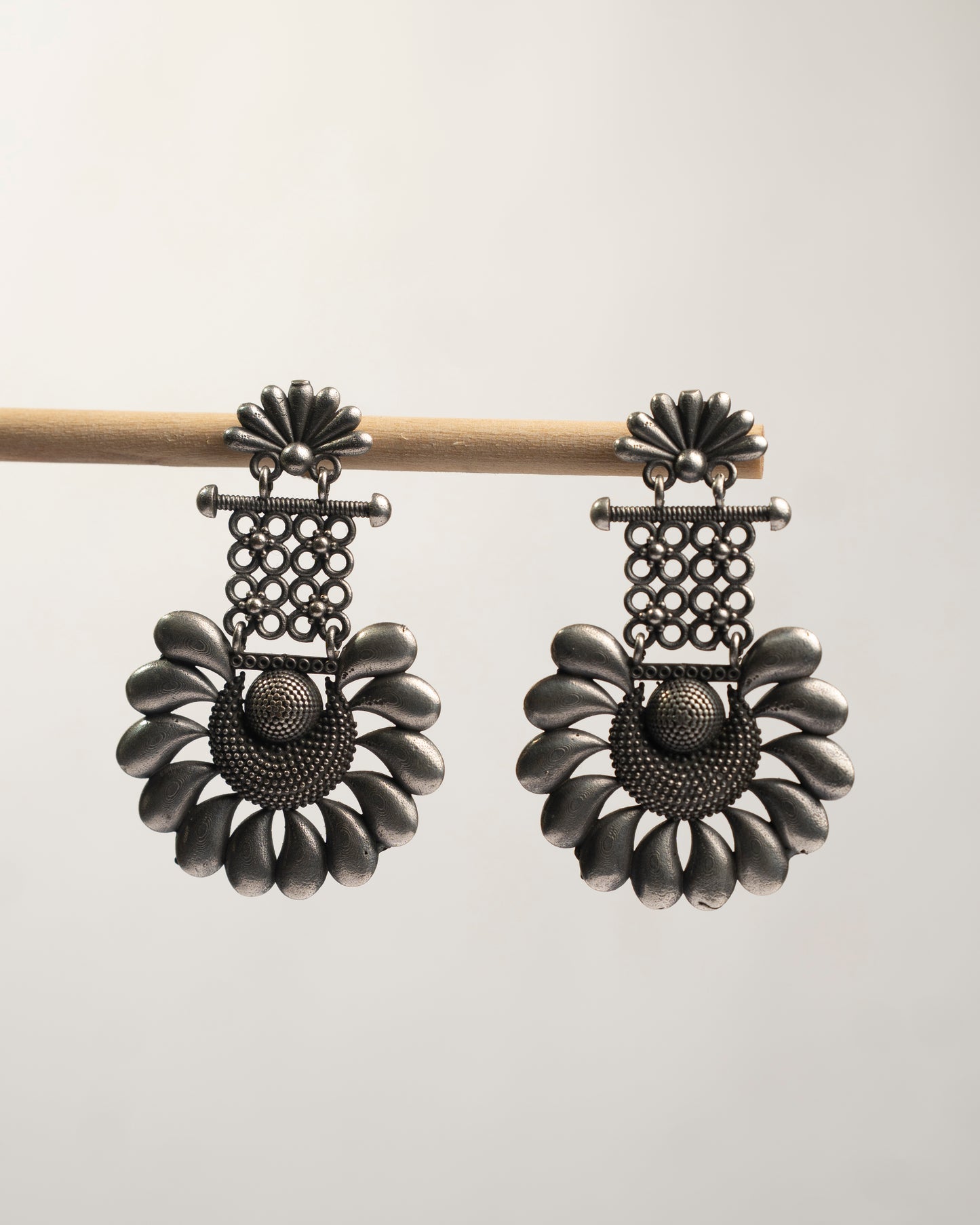 Flora Silver Plated Oxidized Drops Earrings