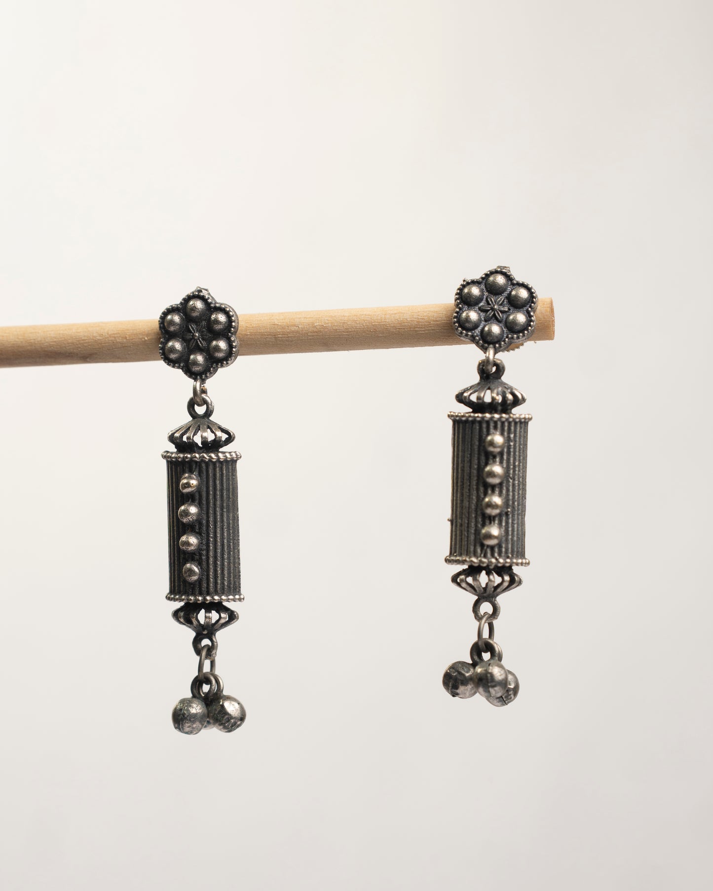 Cylindrical Silver Look Alike Oxidized Dangler Earrings