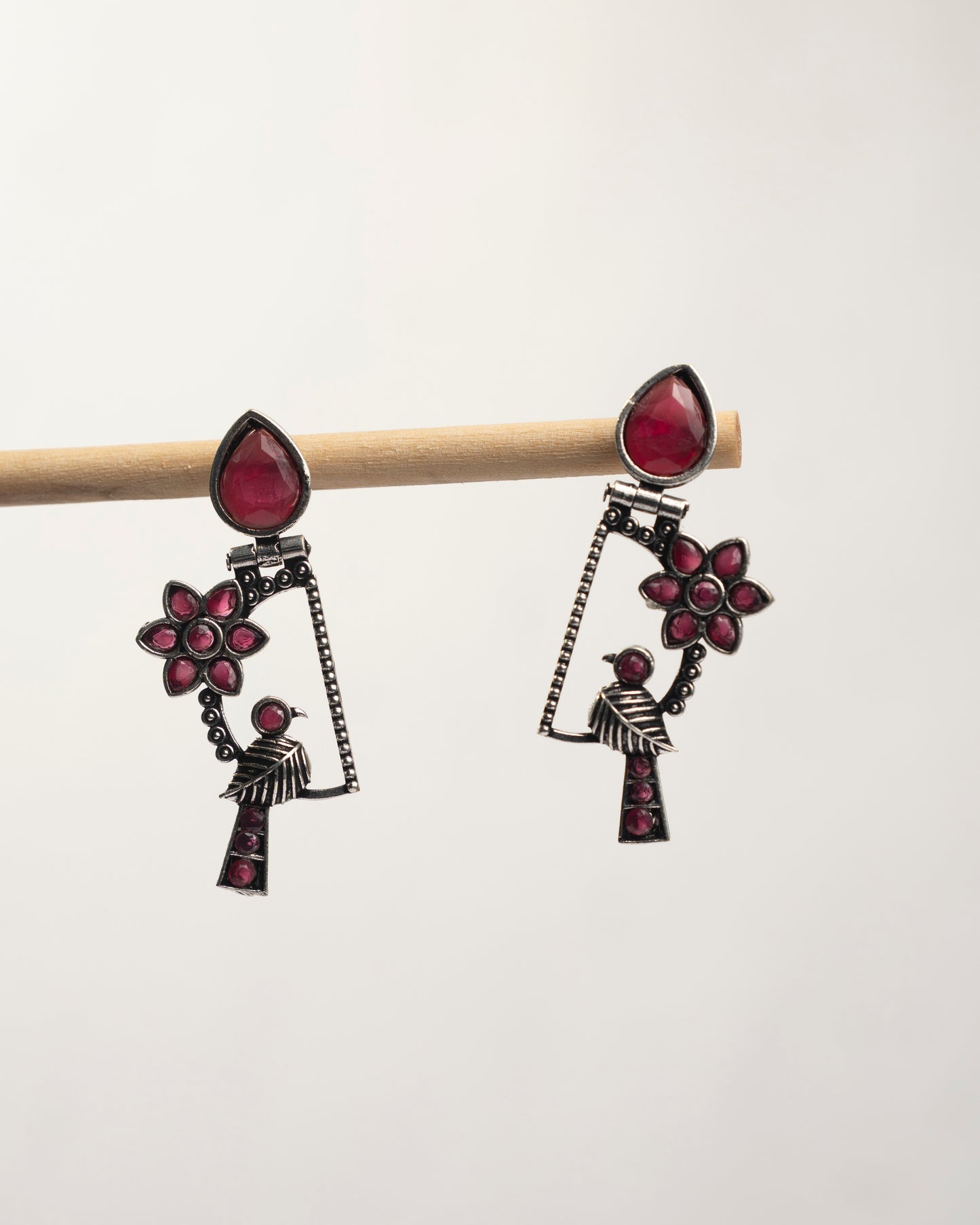 Antique Bird With Red Stone Oxidized Earrings