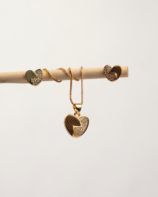Gold Plated Heart Pendant Necklace and Earrings Set for Women