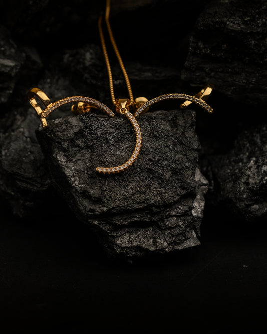 Gold Plated Curved Bar Pendant Necklace and Earrings Set for Women