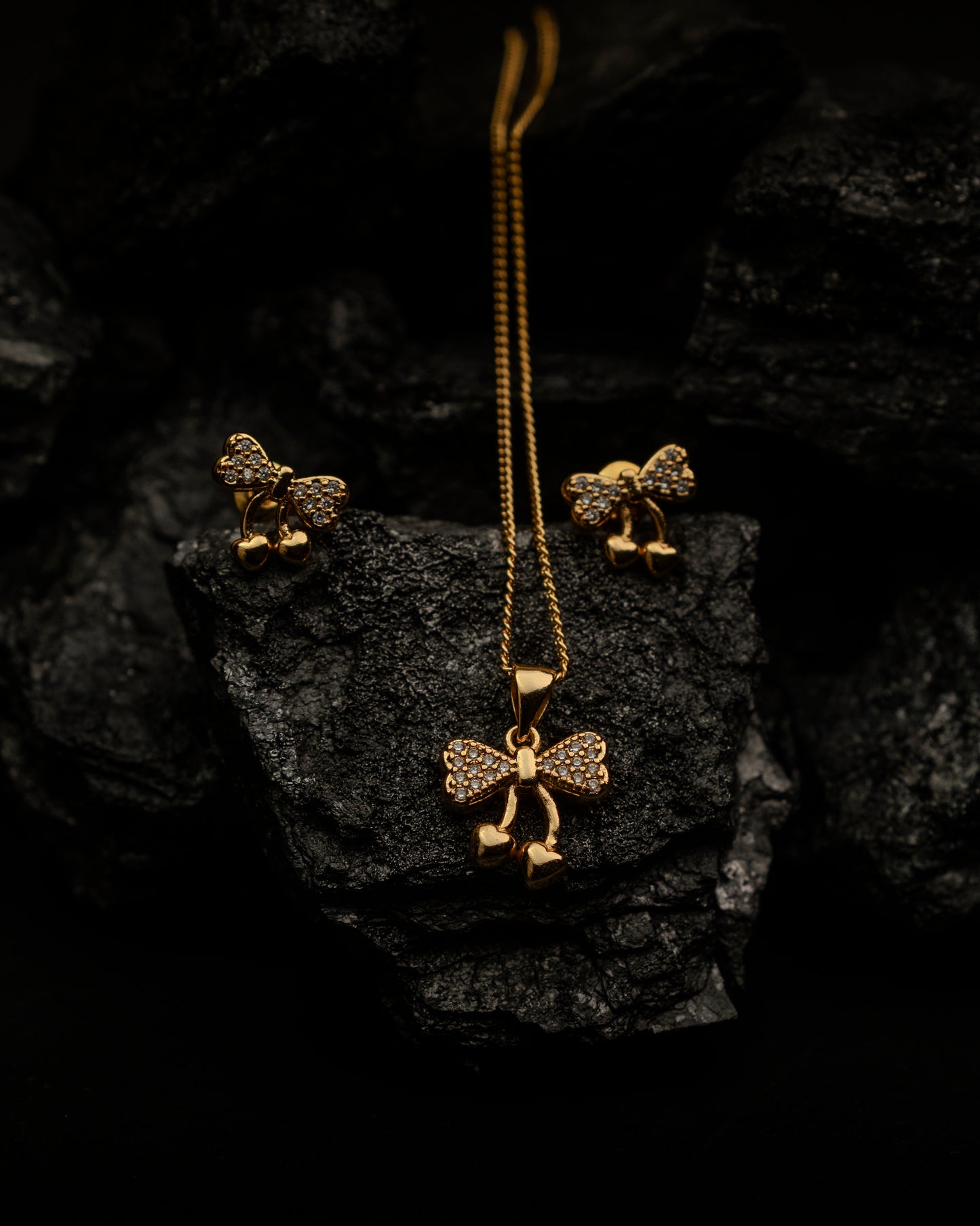 Gold Plated Bow Pendant Necklace and Earrings Set for Women