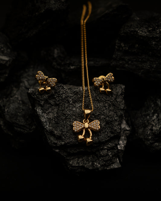 Gold Plated Bow Pendant Necklace and Earrings Set for Women