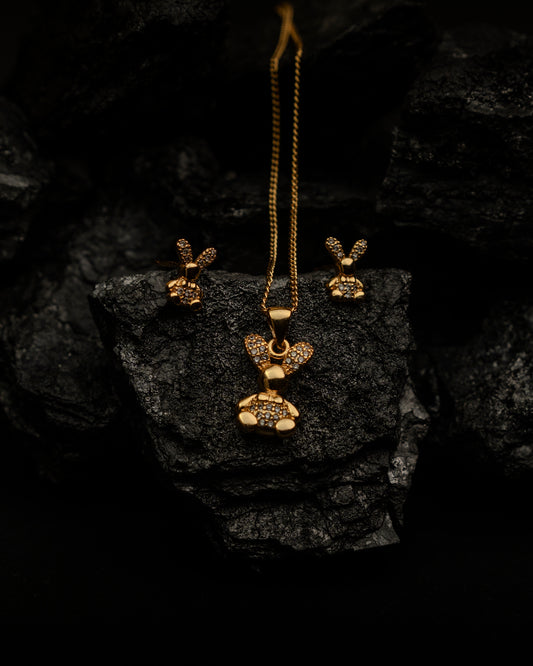 Gold Plated Bunny Pendant Necklace and Earrings Set for Women and Girls