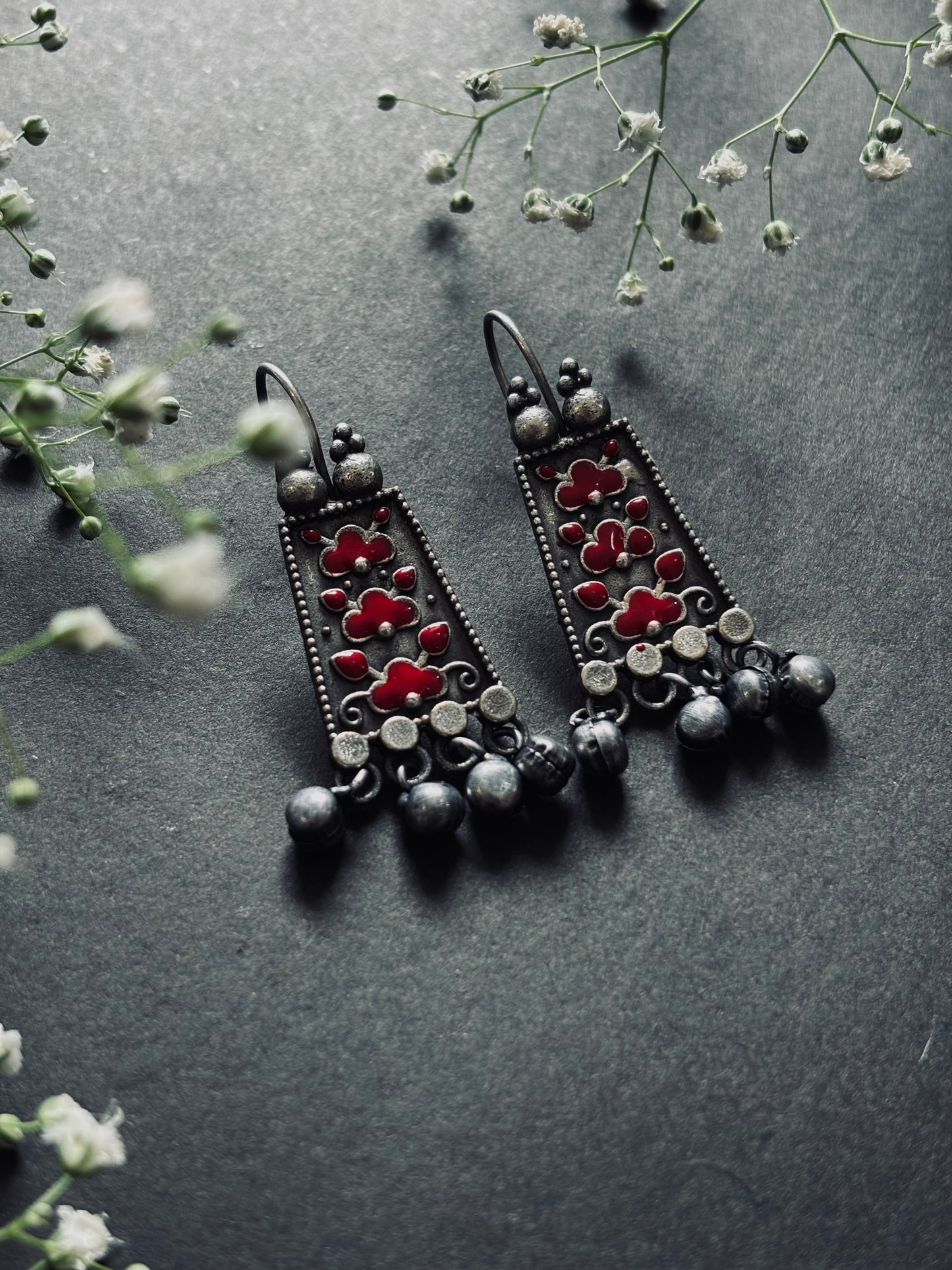Flower art oxidized jhumka earrings