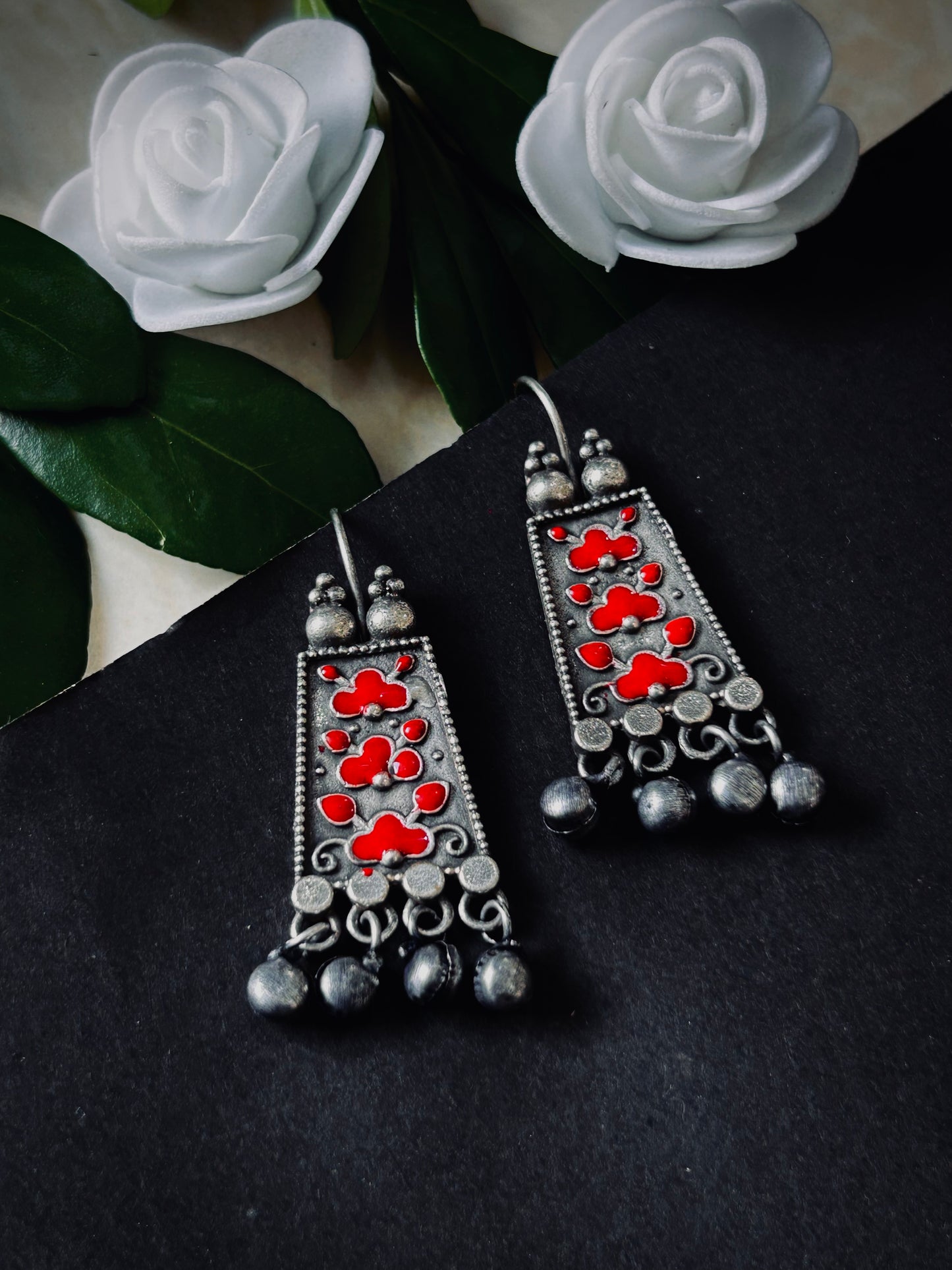 Flower art oxidized jhumka earrings