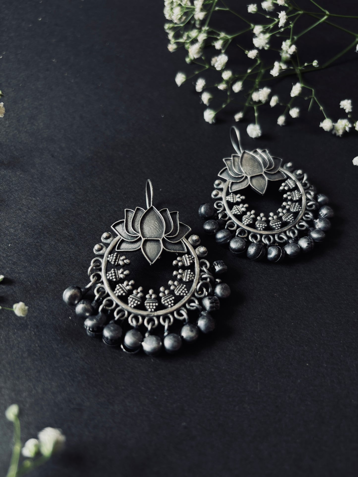 Padma Oxidized Silver look alike Chand Bali Earrings