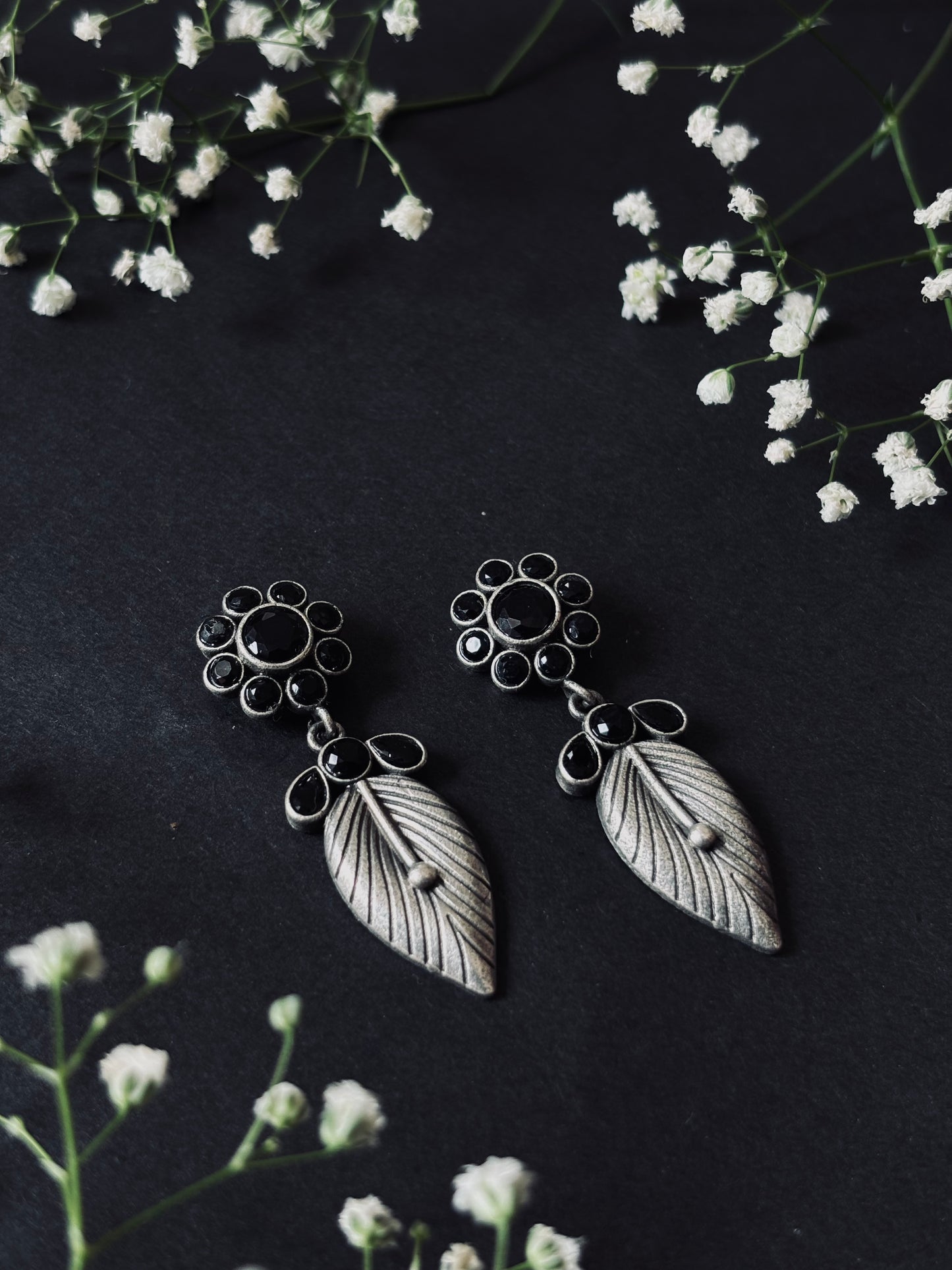 Oxidized Silver Plated Black Stone Floral Leaf Dangler Earrings