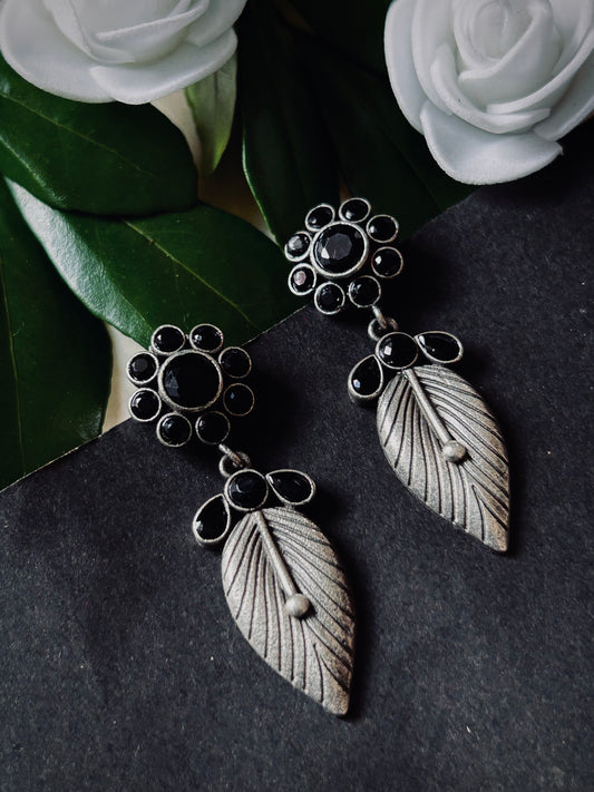 Oxidized Silver Plated Black Stone Floral Leaf Dangler Earrings