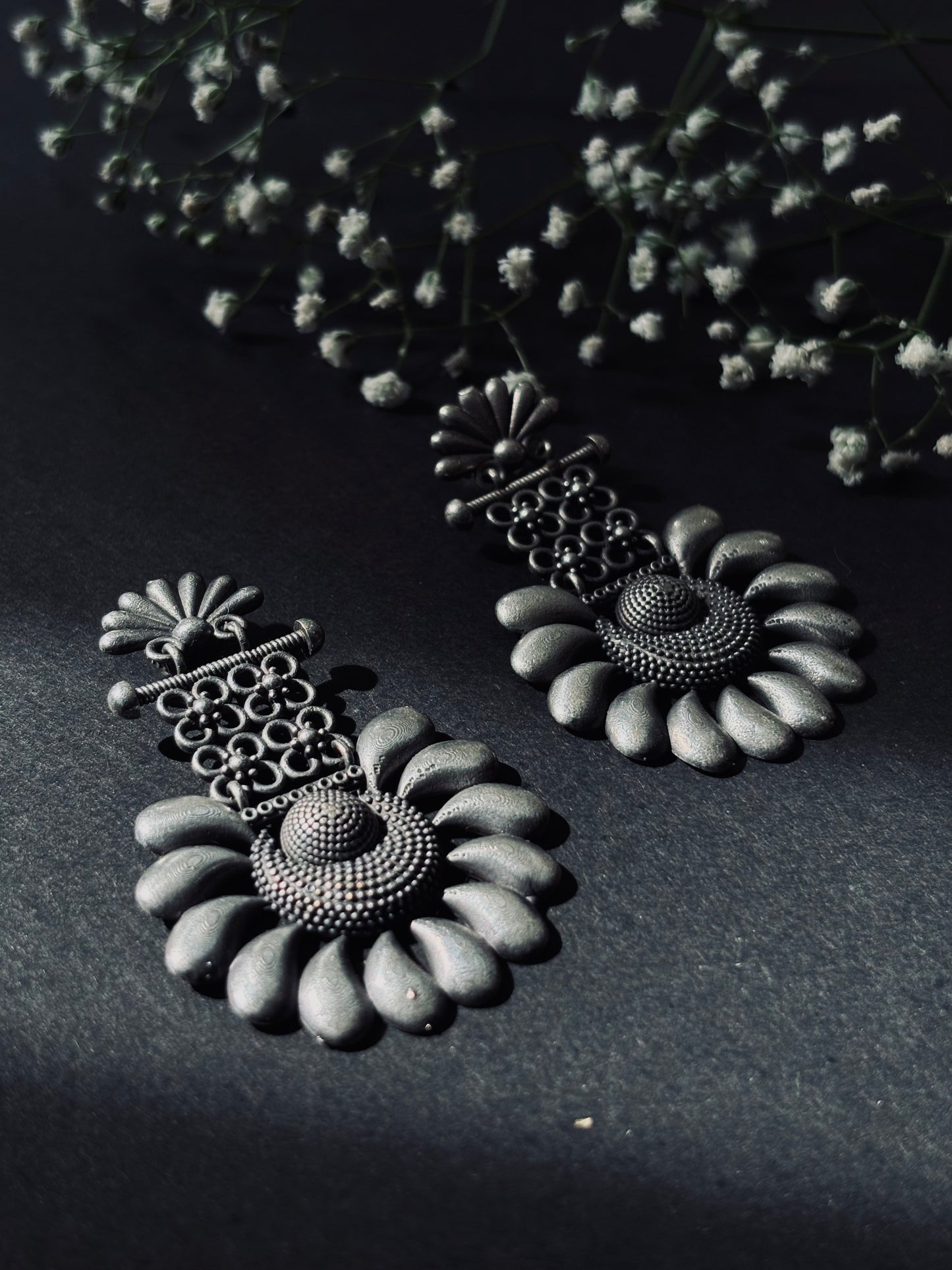 Flora Silver Plated Oxidized Drops Earrings