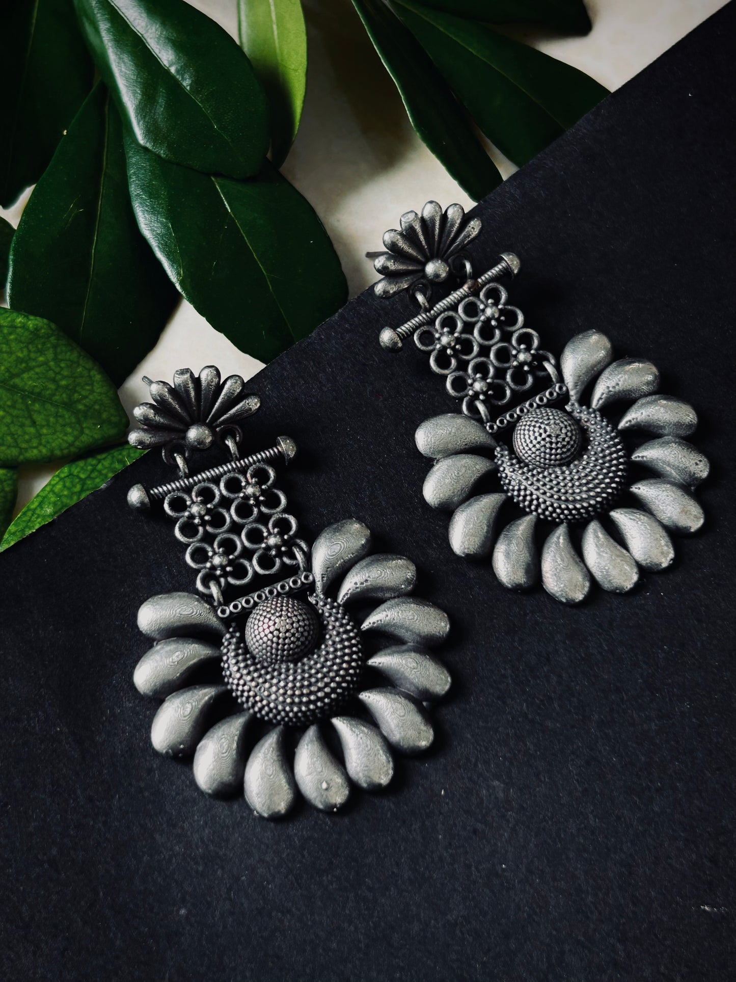 Flora Silver Plated Oxidized Drops Earrings