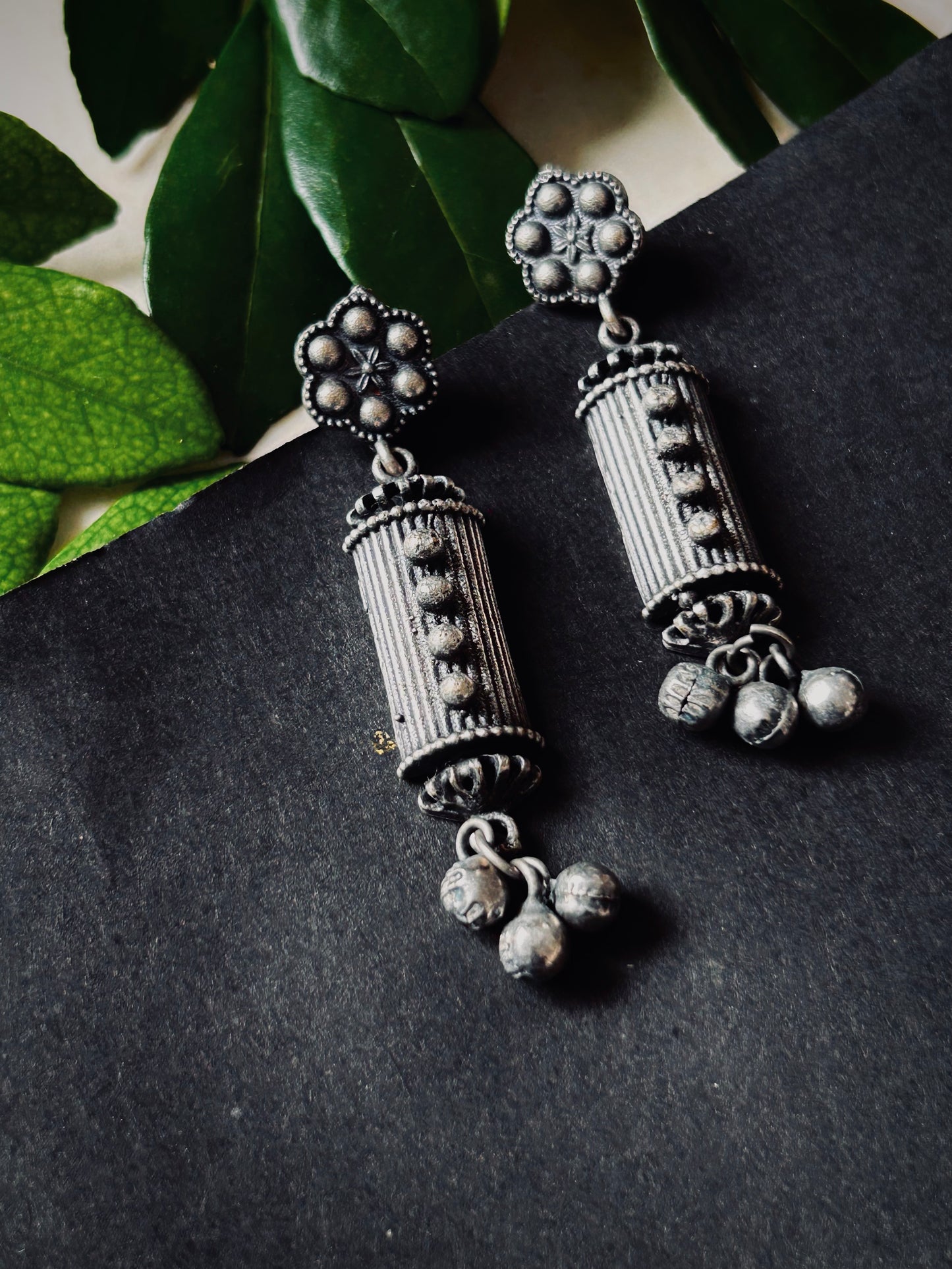 Cylindrical Silver Look Alike Oxidized Dangler Earrings