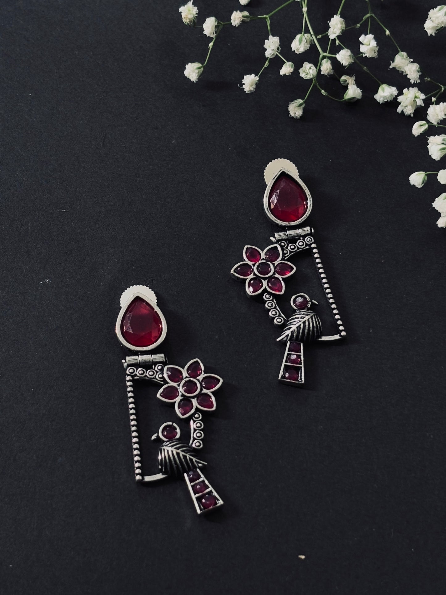 Antique Bird With Red Stone Oxidized Earrings